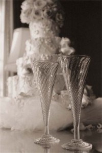 Wedding wine glasses and cake